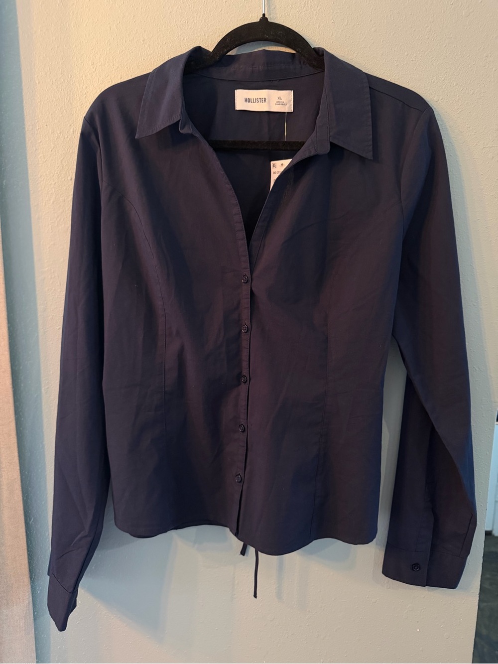Hollister NWT Navy Long Sleeve Button Up Tie Back Top XL